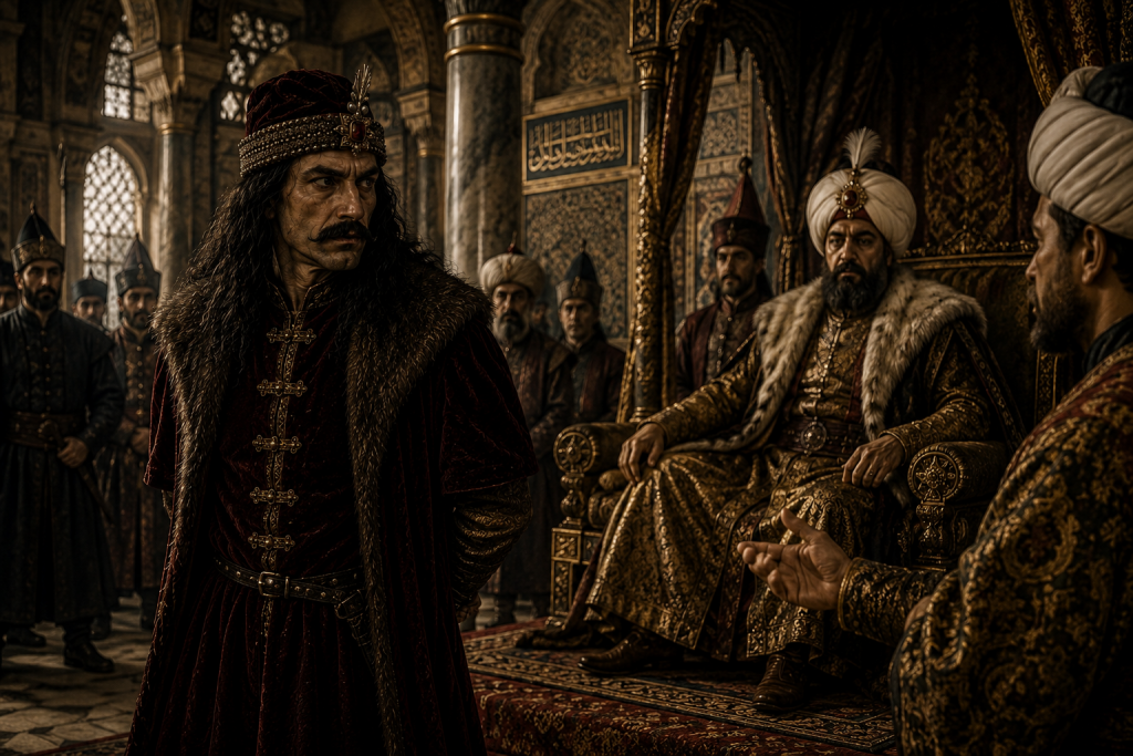 Vlad the Impaler confronting Sultan Mehmed II during their historic rivalry