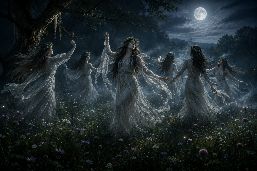 Artistic interpretation of the Iele, supernatural spirits from Romanian folklore dancing beneath the moon.