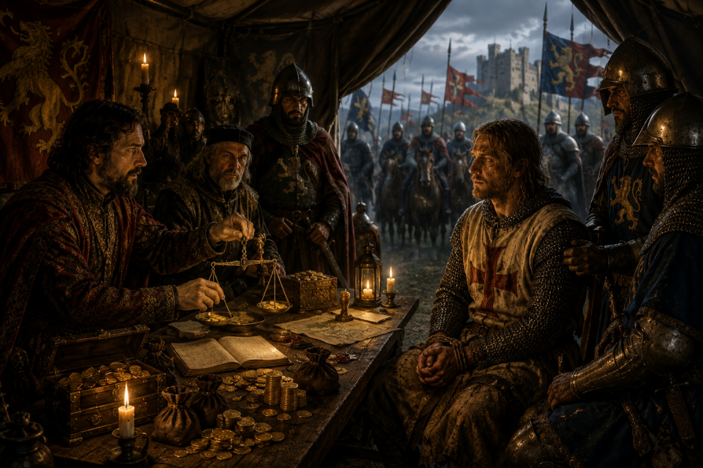 Artistic depiction of knights negotiating a ransom during the Middle Ages