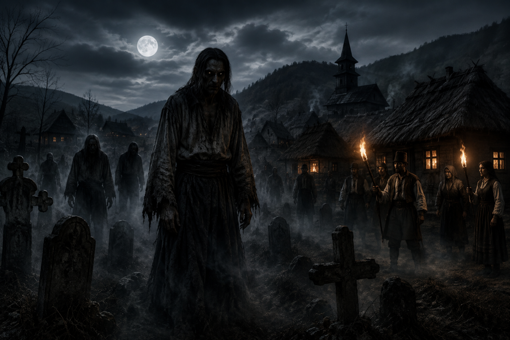 Artistic interpretation of a Strigoi from Romanian folklore haunting a medieval village at night.