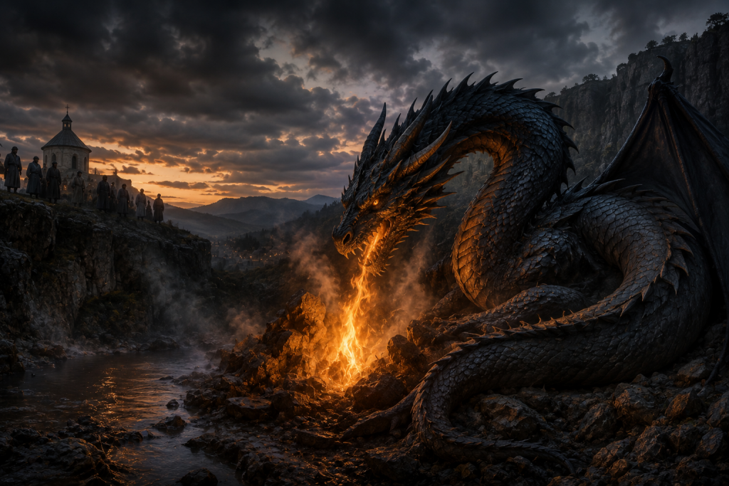 Artistic interpretation of the Dragon of Terca beside the eternal flames of Buzău, Romania.